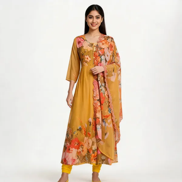Mustard_Chiffon_Floral_Print_Flared_Anarkali_Kurta_For_Women