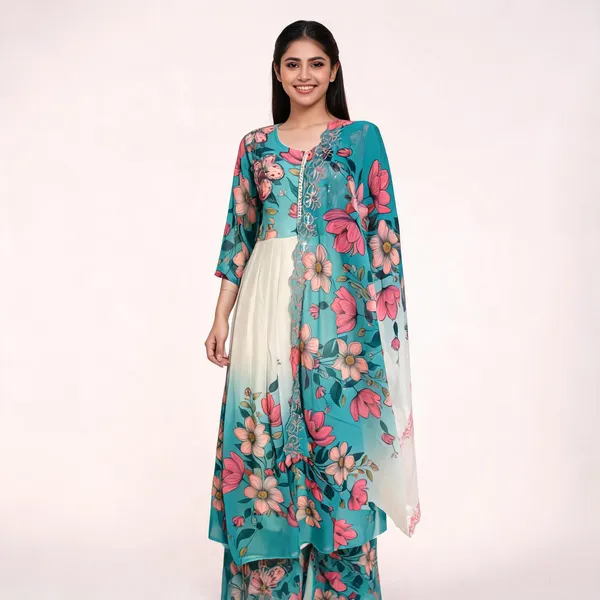 Turquoise_Chiffon_Floral_Print_Anarkali_Dress_For_Women