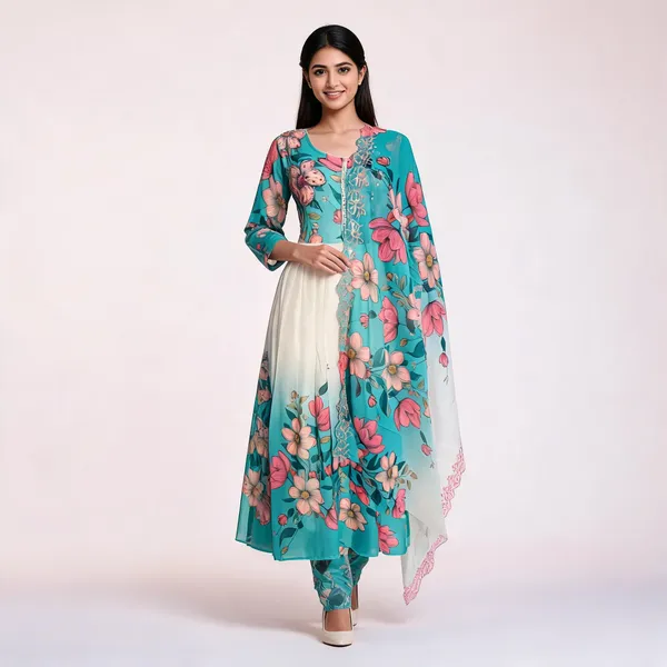 Turquoise_Chiffon_Floral_Print_Anarkali_Dress_For_Women