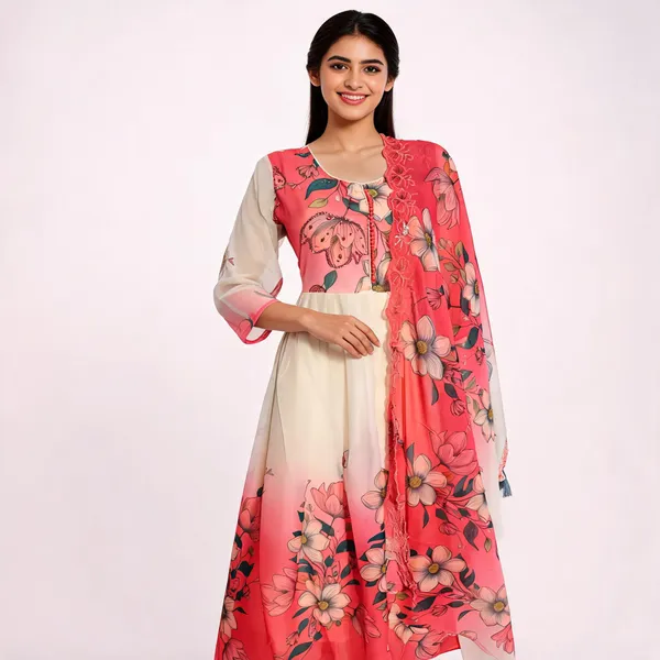 Coral_Chiffon_Floral_Print_Flared_Anarkali_Dress_For_Women