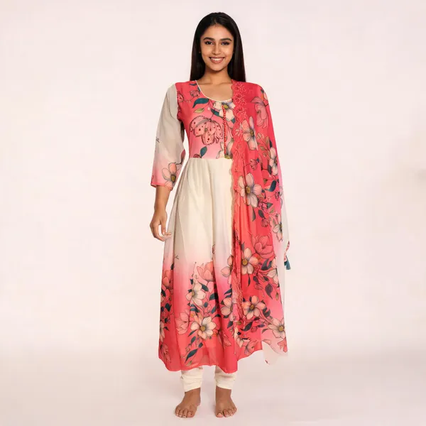 Coral_Chiffon_Floral_Print_Flared_Anarkali_Dress_For_Women