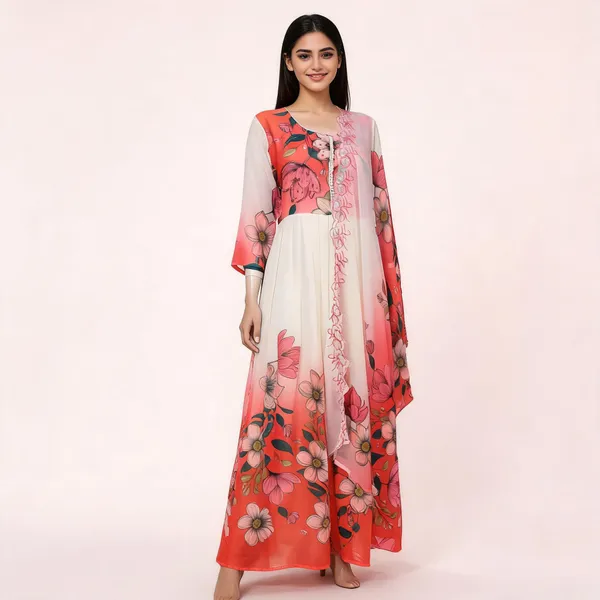 Coral_Chiffon_Floral_Print_Flared_Dress_For_Women