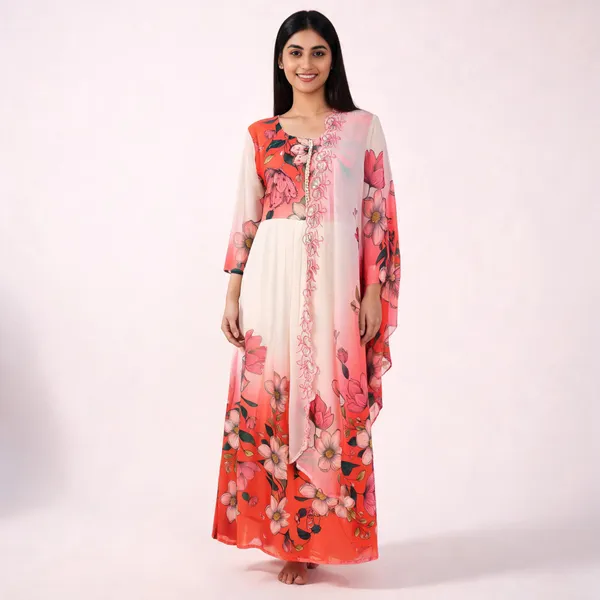Coral_Chiffon_Floral_Print_Flared_Dress_For_Women