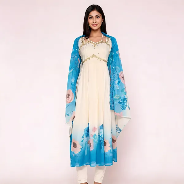 Firozi_Chiffon_Embroidered_Anarkali_Dress_With_Blue_Dupatta_For_Women