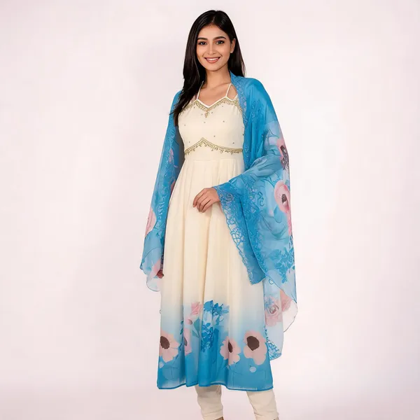 Firozi_Chiffon_Embroidered_Anarkali_Dress_With_Blue_Dupatta_For_Women
