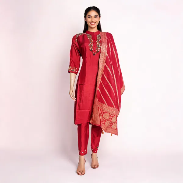 Red_Dola_Silk_Hand_Embroidered_Straight_Kurta_Set_For_Women