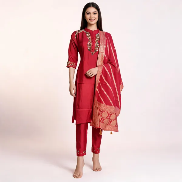 Red_Dola_Silk_Hand_Embroidered_Straight_Kurta_Set_For_Women