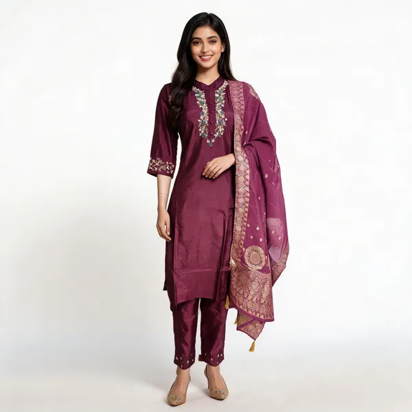 Burgundy_Dola_Silk_Hand_Embroidered_Straight_Kurta_Set_For_Women