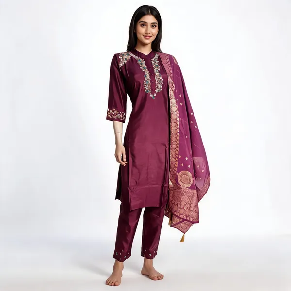 Burgundy_Dola_Silk_Hand_Embroidered_Straight_Kurta_Set_For_Women