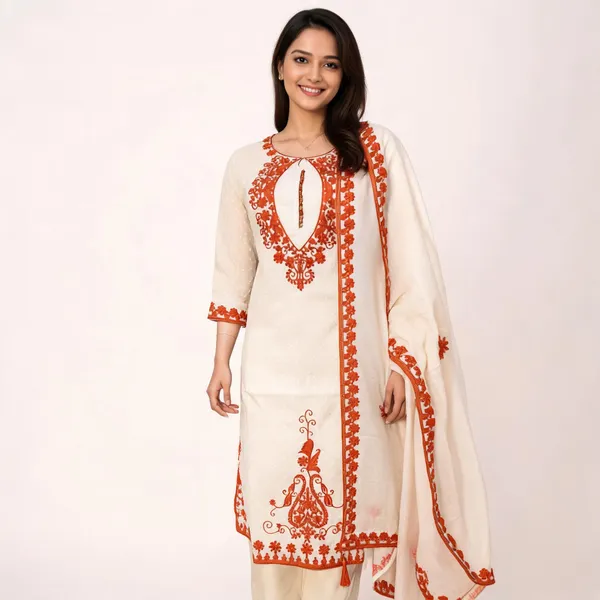 Orange_Cotton_Aari_Embroidered_Straight_Kurta_Set_For_Women