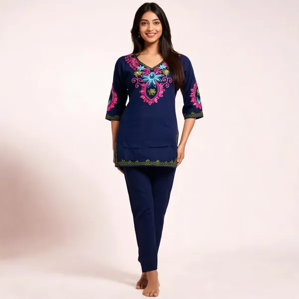 Navy_Blue_Rayon_Aari_Embroidered_Straight_Kurta_For_Women