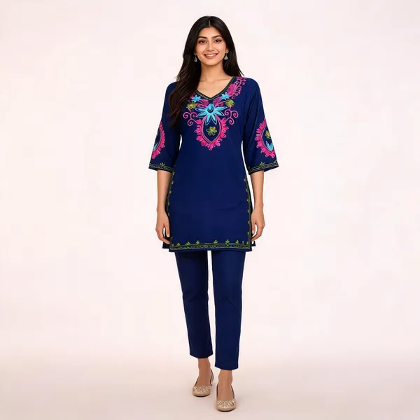 Navy_Blue_Rayon_Aari_Embroidered_Straight_Kurta_For_Women