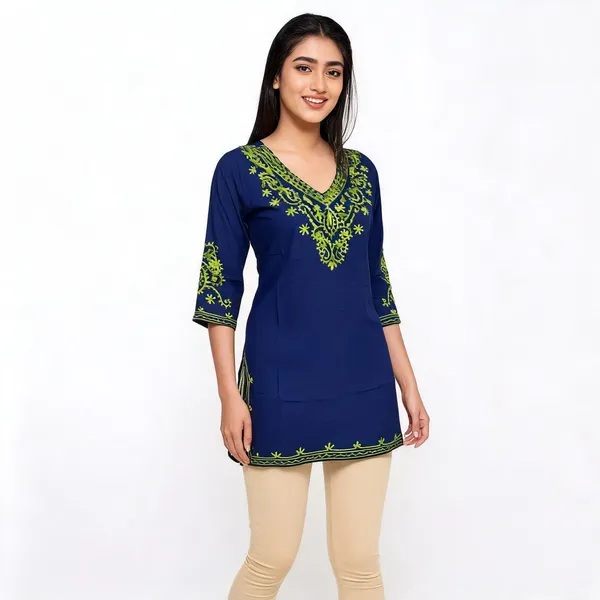Blue_Rayon_Aari_Embroidered_Straight_Kurti_For_Women