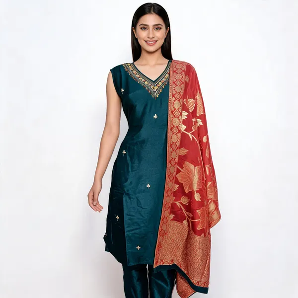 Teal_Dola_Silk_Embroidered_Kurta_Pant_Dupatta_Set_For_Women