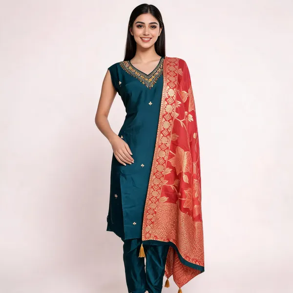 Teal_Dola_Silk_Embroidered_Kurta_Pant_Dupatta_Set_For_Women