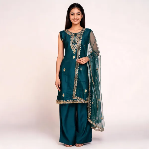 Teal_Dola_Silk_Aari_Embroidered_Straight_Kurta_Set_For_Women