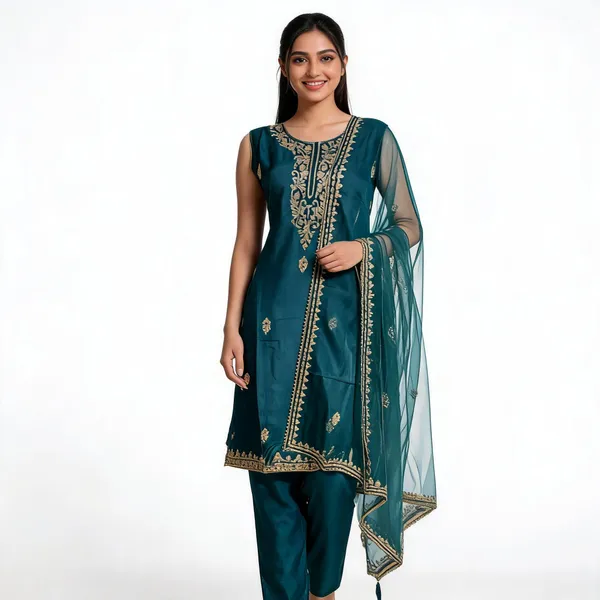 Teal_Dola_Silk_Aari_Embroidered_Straight_Kurta_Set_For_Women