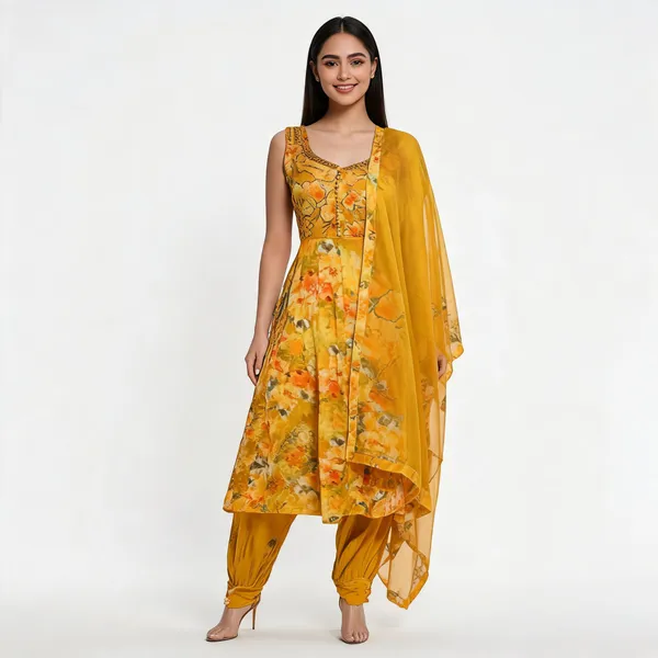Yellow_Chiffon_Floral_Print_Embroidered_Kurta_Set_With_Dupatta_For_Women