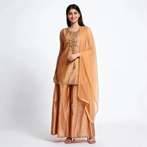 Gold_Chanderi_Silk_Woven_Embroidered_Straight_Kurta_Set_With_Dupatta_For_Women
