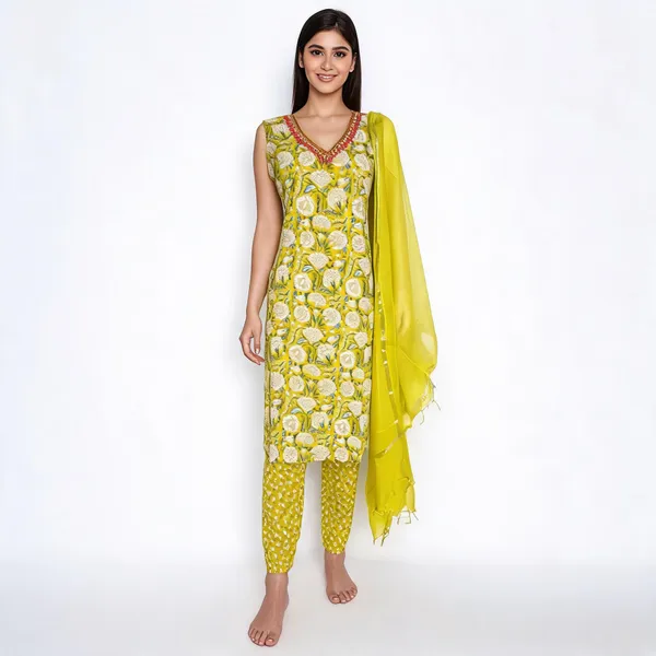 Yellow_Cotton_Floral_Print_Straight_Kurta_Set_With_Dupatta_For_Women