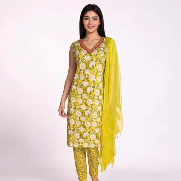 Yellow_Cotton_Floral_Print_Straight_Kurta_Set_With_Dupatta_For_Women
