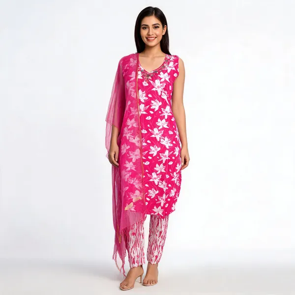 Pink_Cotton_Floral_Print_Sleeveless_Kurta_Set_For_Women
