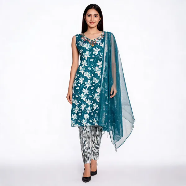 Teal_Cotton_Floral_Print_Kurta_Set_For_Women