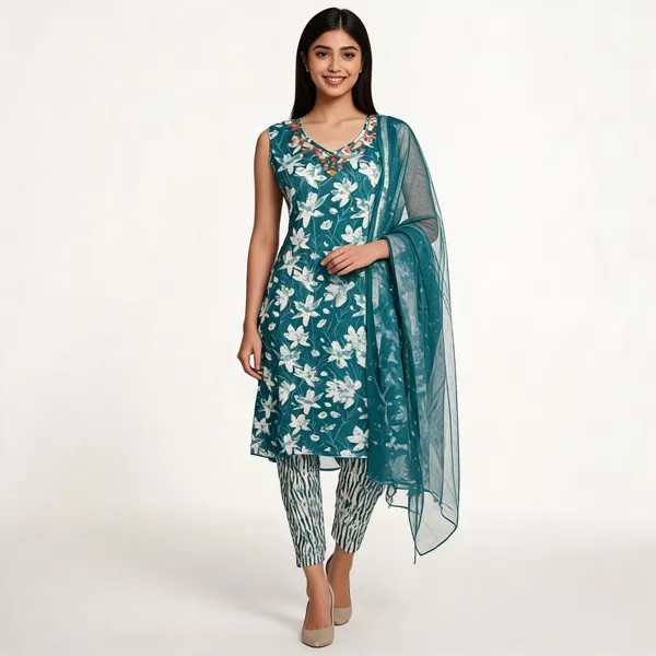 Teal_Cotton_Floral_Print_Kurta_Set_For_Women