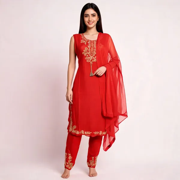 Red_Rayon_Embroidered_Straight_Kurta_Set_For_Women