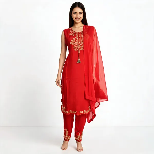 Red_Rayon_Embroidered_Straight_Kurta_Set_For_Women