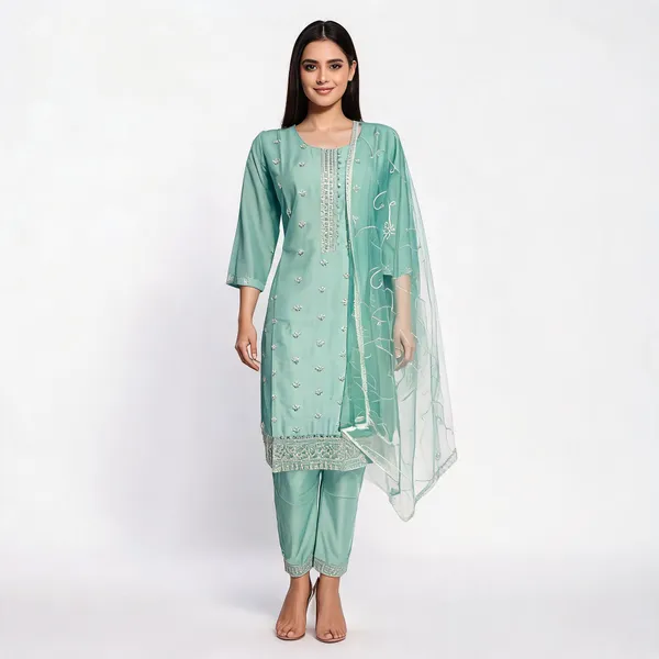 Aqua_Muslin_Silk_Embroidered_Straight_Kurta_Set_For_Women