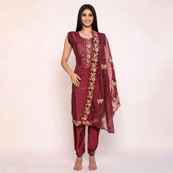 Maroon_Chiffon_Computer_Embroidered_Straight_Kurta_Set_For_Women