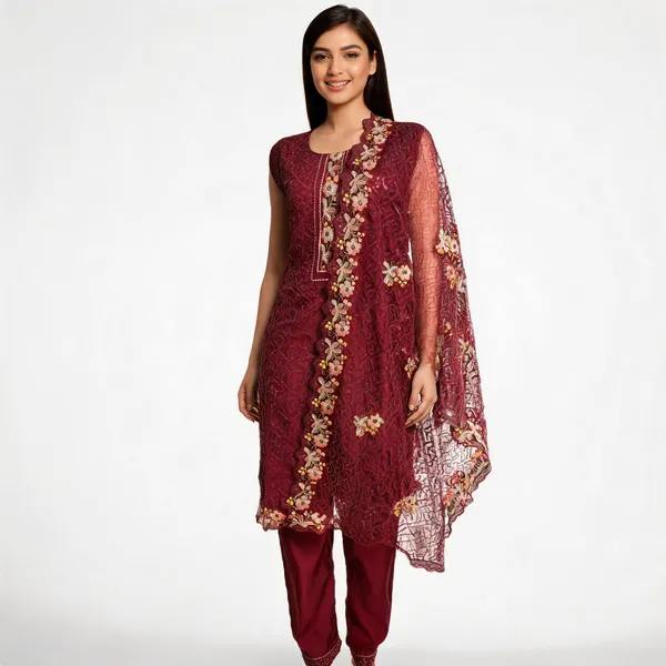 Maroon_Chiffon_Computer_Embroidered_Straight_Kurta_Set_For_Women