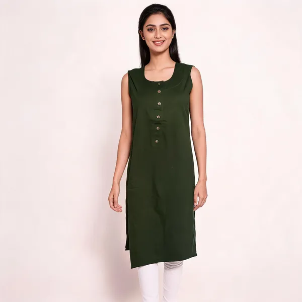 Green_Cotton_Lycra_Sleeveless_Straight_Kurti_For_Women