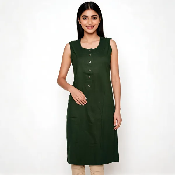 Green_Cotton_Lycra_Sleeveless_Straight_Kurti_For_Women