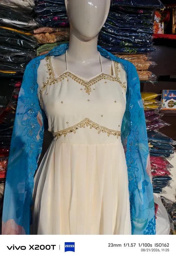 Cream_Embroidered_Anarkali_Dress_With_Blue_Dupatta_For_Women