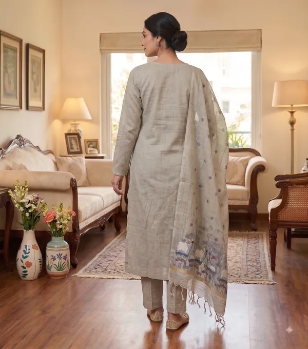 Grey_Muga_Banarasi_Cotton_Weaving_Unstitched_Kurta_Set_For_Women