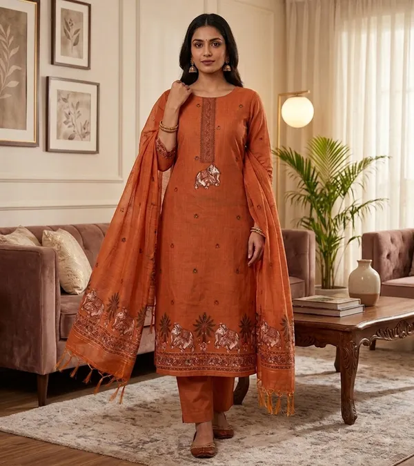 Rust_Muga_Banarasi_Cotton_Weaving_Unstitched_Kurta_Set_For_Women