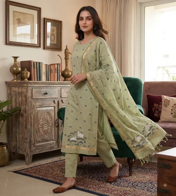 Sage_Green_Muga_Banarasi_Cotton_Weaving_Unstitched_Kurta_Set_For_Women