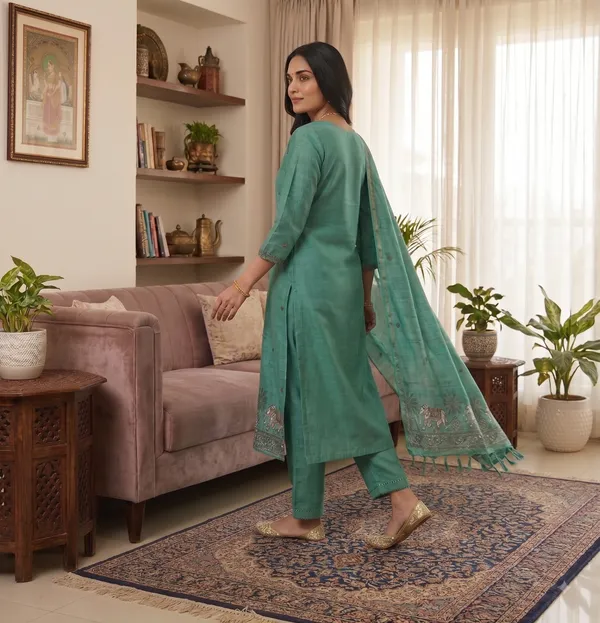 Green_Muga_Banarasi_Cotton_Weaving_Unstitched_Kurta_Set_For_Women