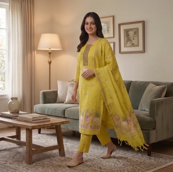 Yellow_Muga_Banarasi_Cotton_Weaving_Unstitched_Kurta_Set_For_Women