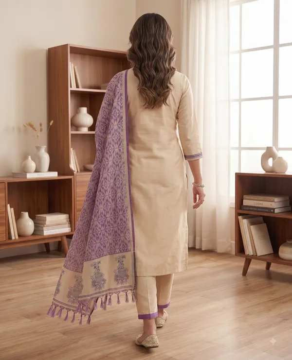 Cream_And_Purple_Muga_Banarasi_Cotton_Weaving_Unstitched_Kurta_Set_For_Women