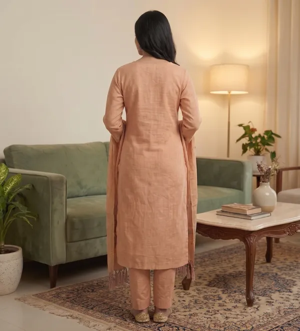 Peach_Muga_Banarasi_Cotton_Weaving_Unstitched_Kurta_Set_For_Women