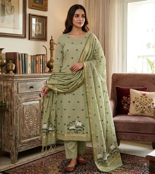 Sage_Green_Muga_Banarasi_Cotton_Weaving_Unstitched_Kurta_Set_For_Women