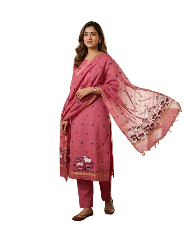 Pink_Muga_Banarasi_Cotton_Weaving_Unstitched_Kurta_Set_For_Women