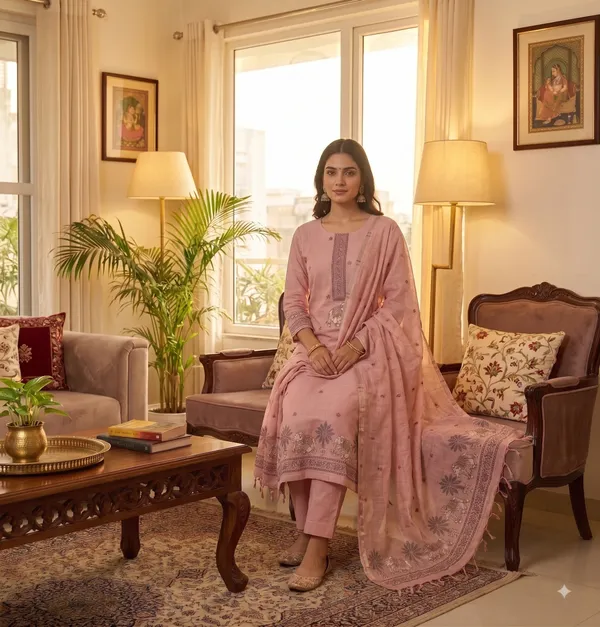 Pink_Muga_Banarasi_Cotton_Weaving_Unstitched_Kurta_Set_For_Women