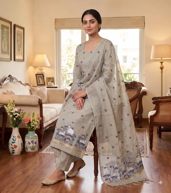 Grey_Muga_Banarasi_Cotton_Weaving_Unstitched_Kurta_Set_For_Women