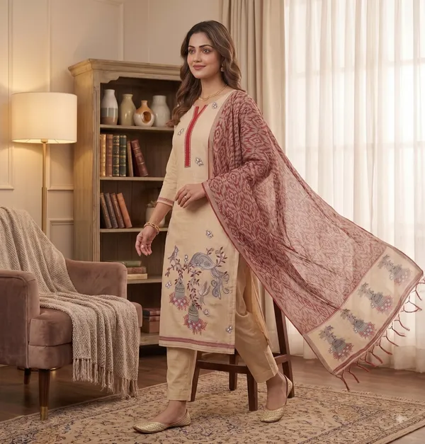 Beige_Muga_Banarasi_Cotton_Weaving_Unstitched_Kurta_Set_For_Women