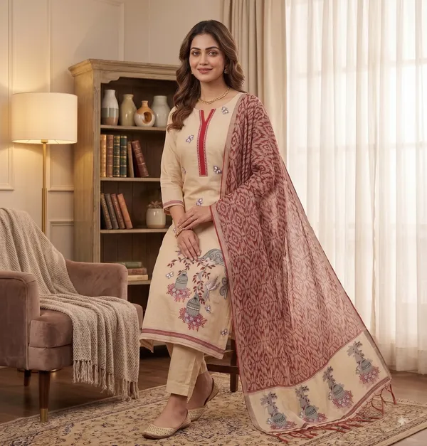 Beige_Muga_Banarasi_Cotton_Weaving_Unstitched_Kurta_Set_For_Women