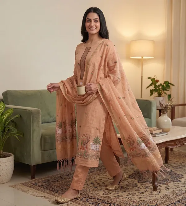 Peach_Muga_Banarasi_Cotton_Weaving_Unstitched_Kurta_Set_For_Women